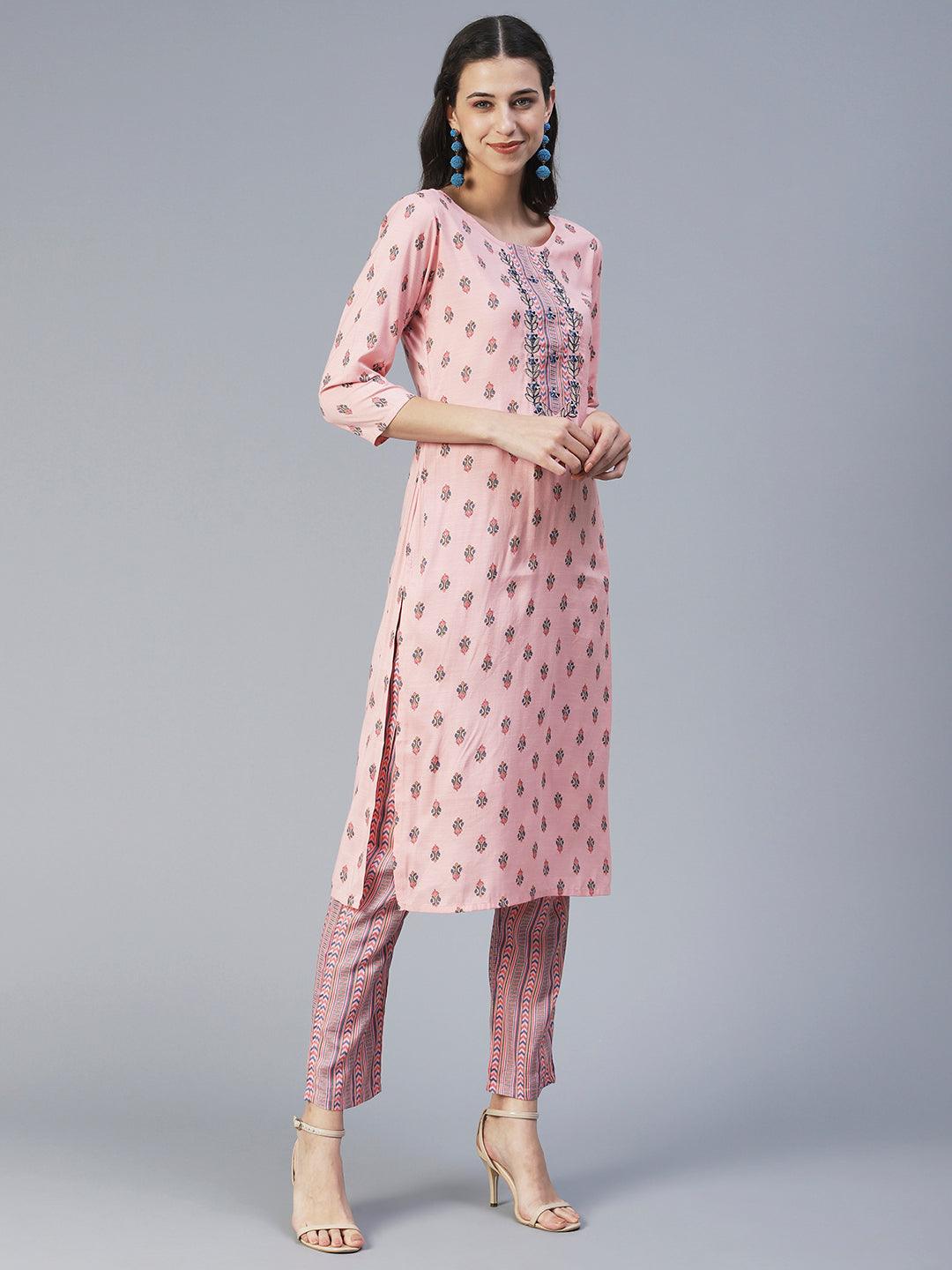 Ethnic Printed & Embroidered Straight Kurta with Pant - Pink - Indiakreations