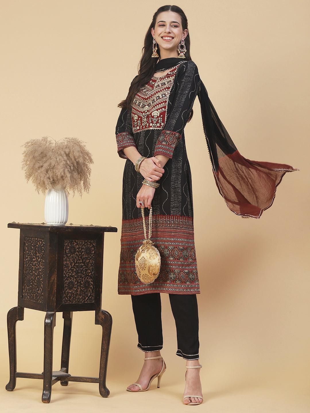 Tie-Dye Printed & Embroidered Straight Kurta with Pant & Dupatta - Black - Indiakreations