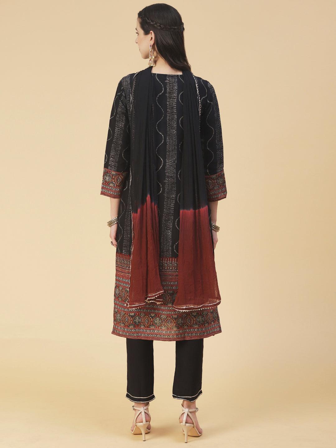 Tie-Dye Printed & Embroidered Straight Kurta with Pant & Dupatta - Black - Indiakreations