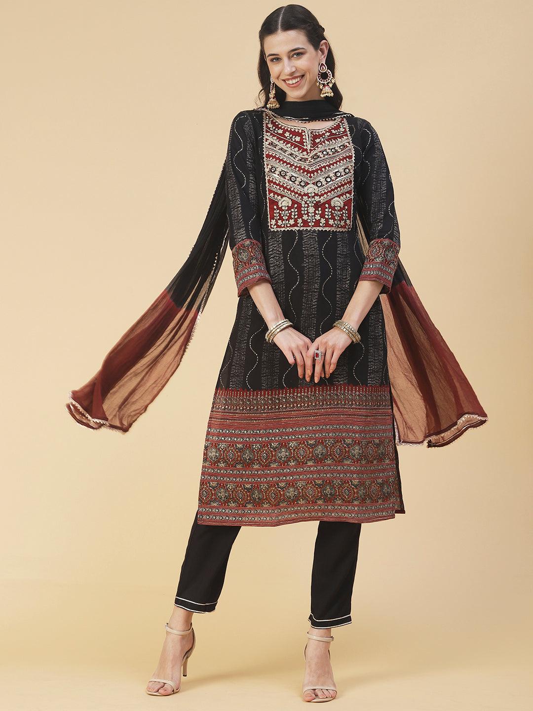 Tie-Dye Printed & Embroidered Straight Kurta with Pant & Dupatta - Black - Indiakreations