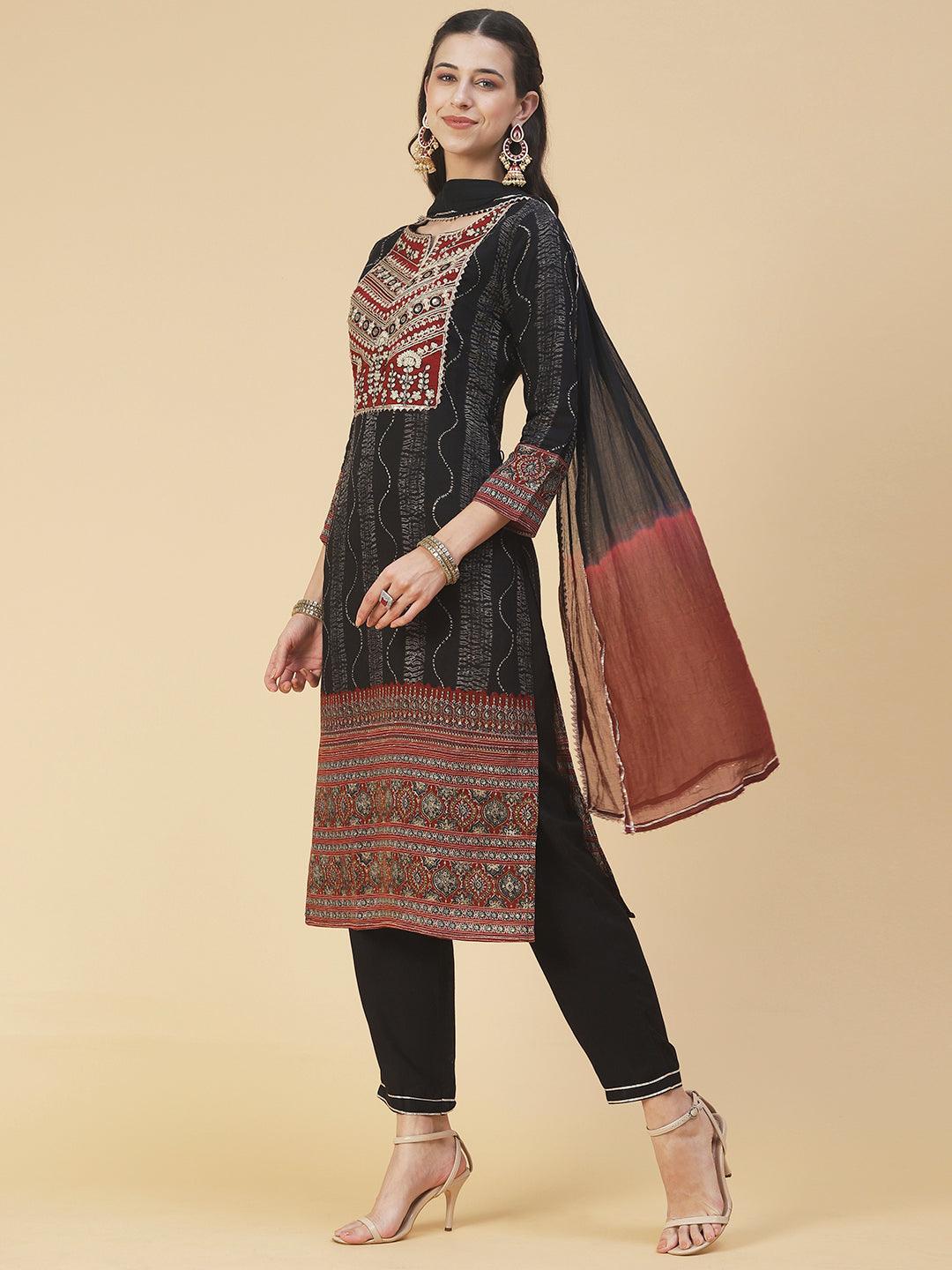 Tie-Dye Printed & Embroidered Straight Kurta with Pant & Dupatta - Black - Indiakreations