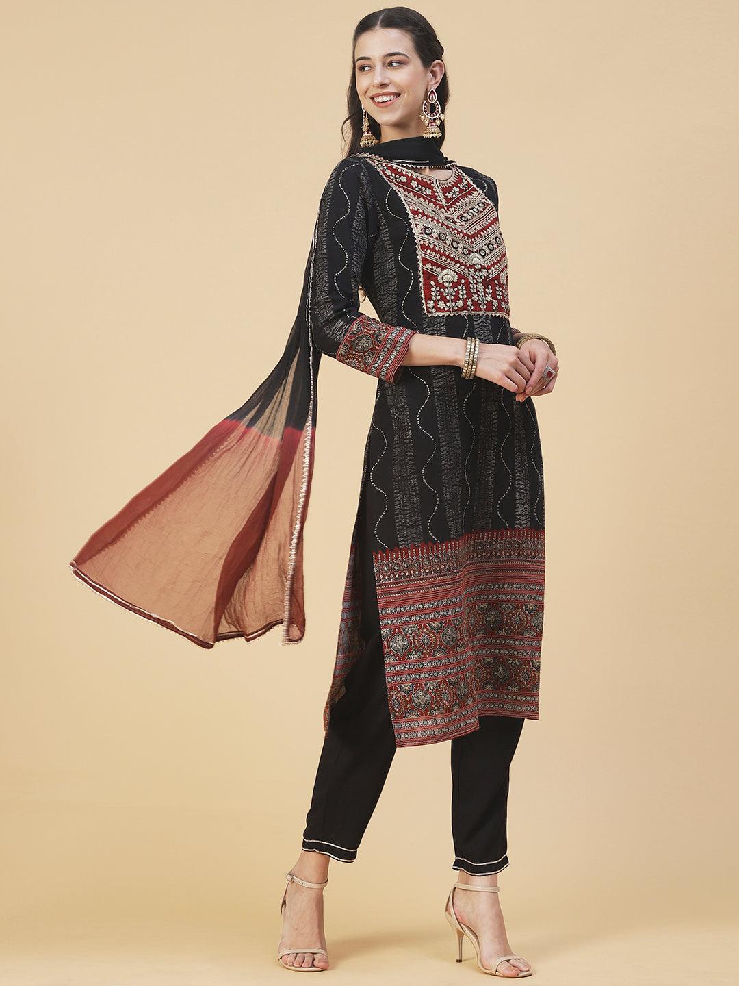 Tie-Dye Printed & Embroidered Straight Kurta with Pant & Dupatta - Black - Indiakreations