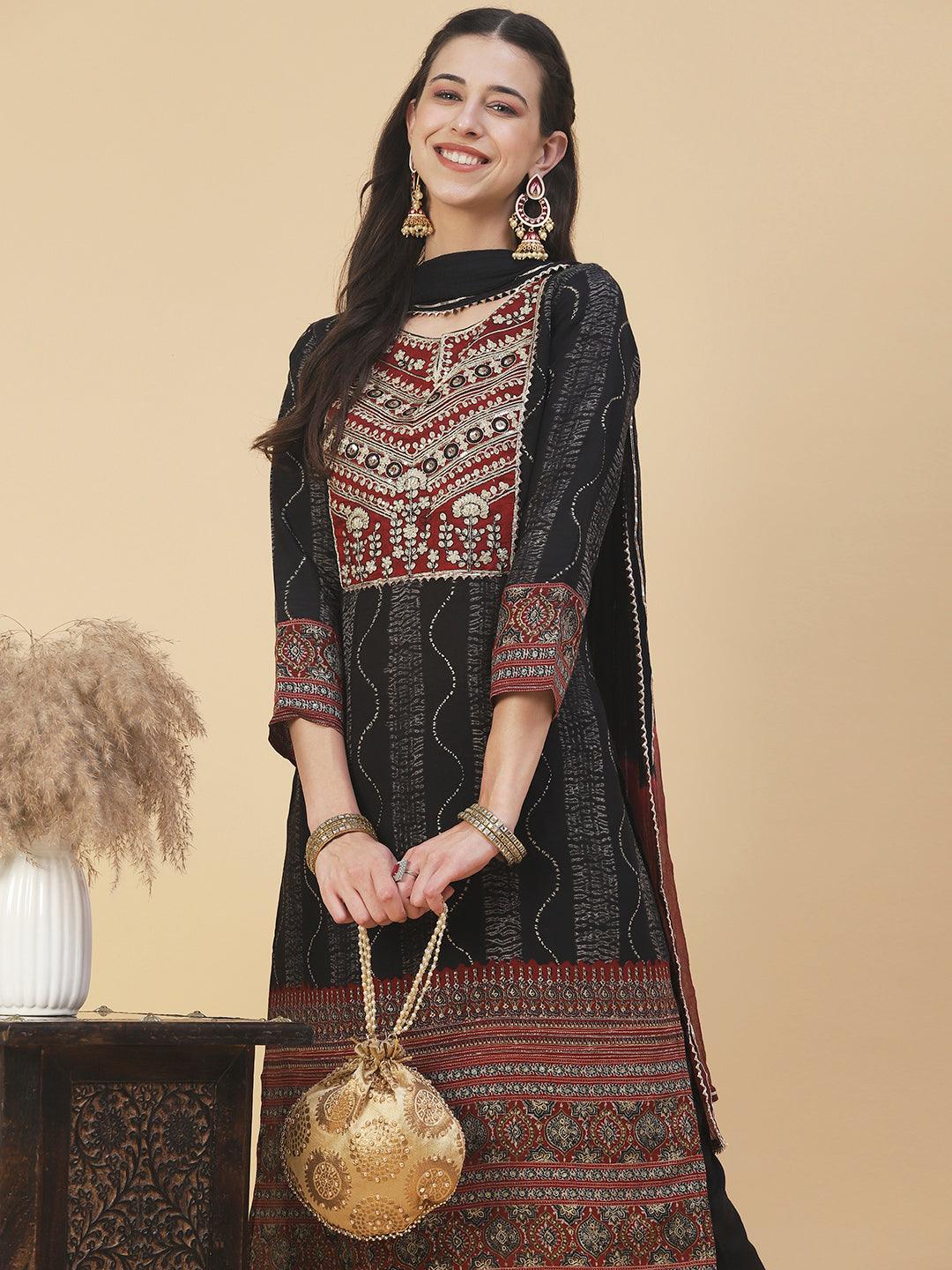 Tie-Dye Printed & Embroidered Straight Kurta with Pant & Dupatta - Black - Indiakreations