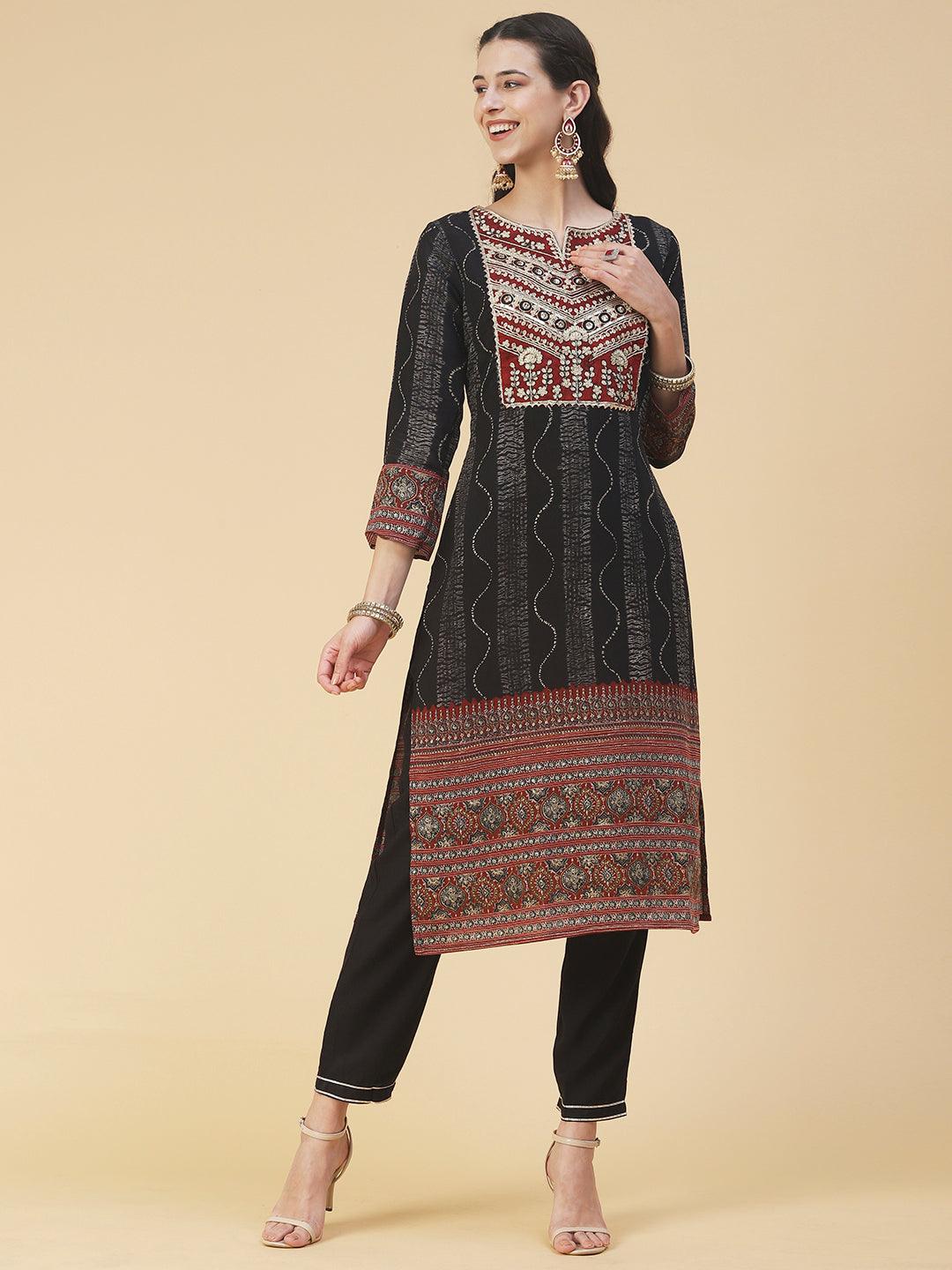 Tie-Dye Printed & Embroidered Straight Kurta with Pant & Dupatta - Black - Indiakreations