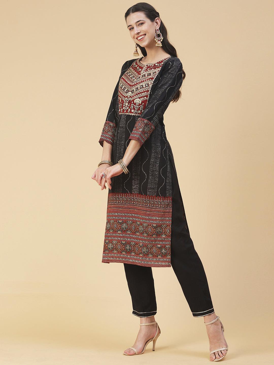 Tie-Dye Printed & Embroidered Straight Kurta with Pant & Dupatta - Black - Indiakreations