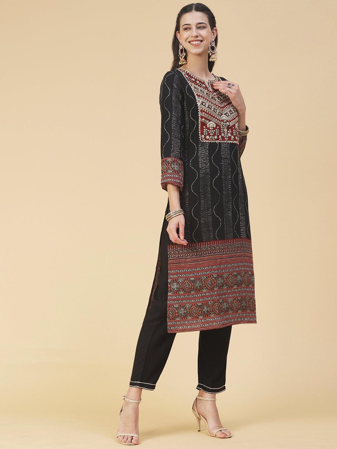 Tie-Dye Printed & Embroidered Straight Kurta with Pant & Dupatta - Black - Indiakreations