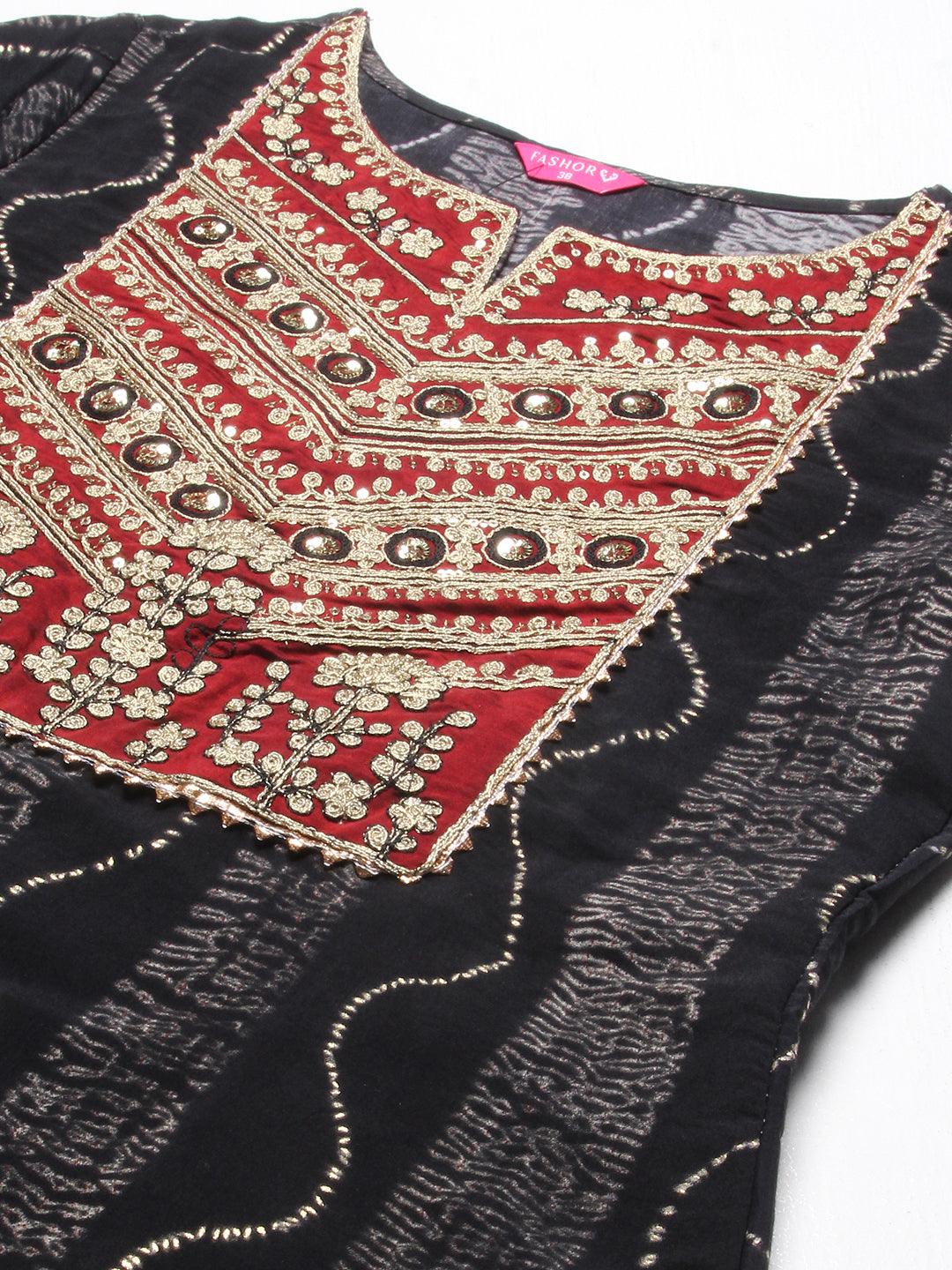 Tie-Dye Printed & Embroidered Straight Kurta with Pant & Dupatta - Black - Indiakreations