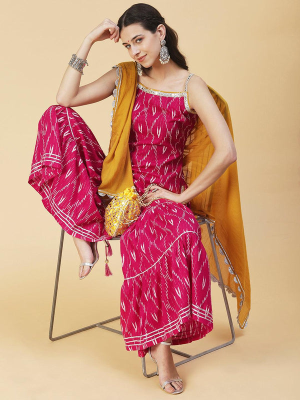 Ethnic Ikat Printed & Embroidered Straight Fit Kurta with Sharara & Dupatta - Pink - Indiakreations