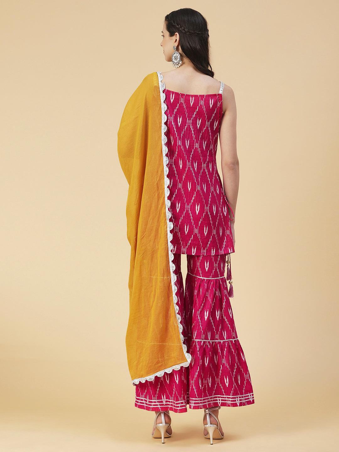 Ethnic Ikat Printed & Embroidered Straight Fit Kurta with Sharara & Dupatta - Pink - Indiakreations