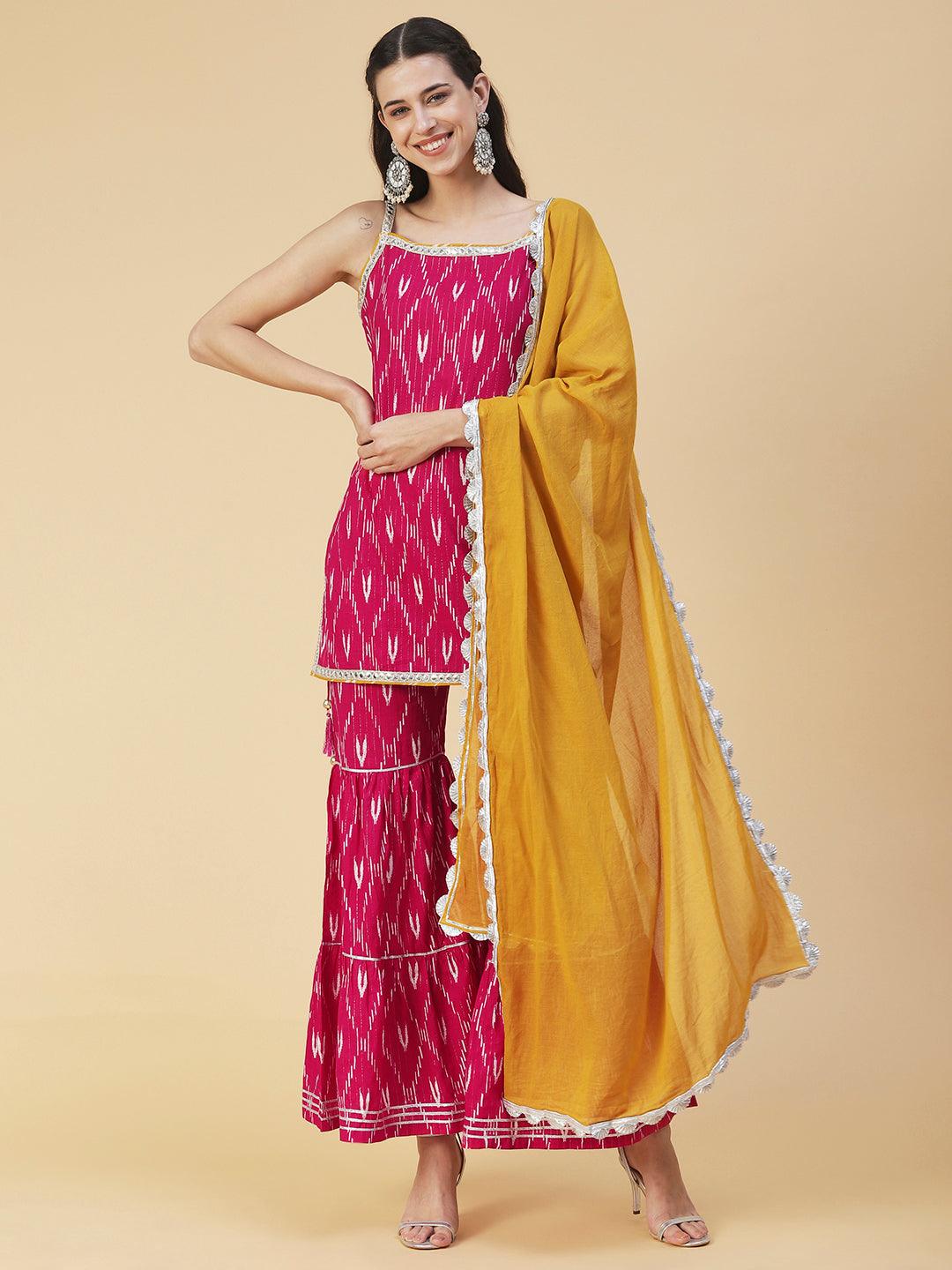 Ethnic Ikat Printed & Embroidered Straight Fit Kurta with Sharara & Dupatta - Pink - Indiakreations