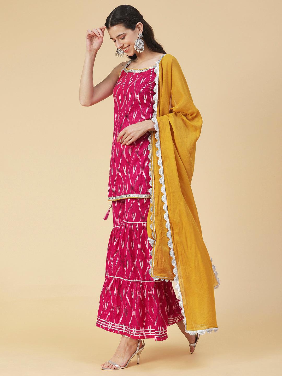 Ethnic Ikat Printed & Embroidered Straight Fit Kurta with Sharara & Dupatta - Pink - Indiakreations