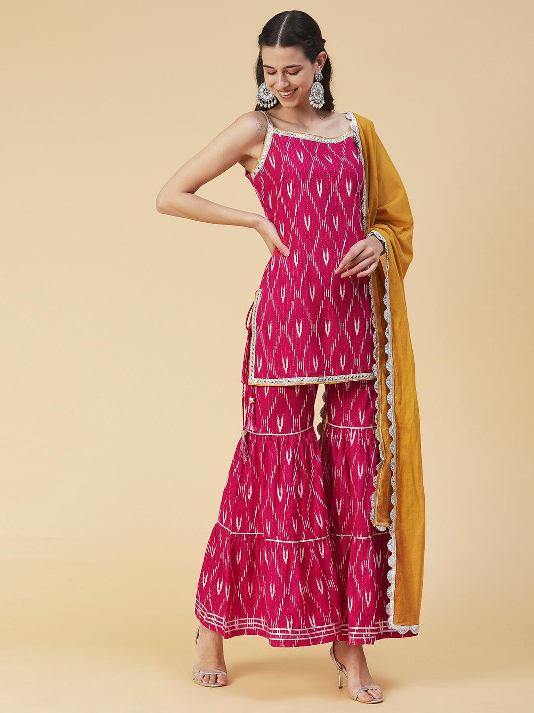 Ethnic Ikat Printed & Embroidered Straight Fit Kurta with Sharara & Dupatta - Pink - Indiakreations