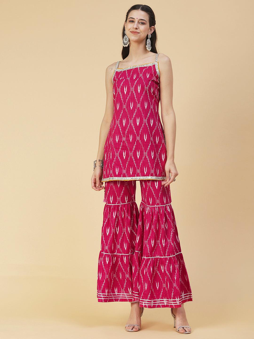 Ethnic Ikat Printed & Embroidered Straight Fit Kurta with Sharara & Dupatta - Pink - Indiakreations