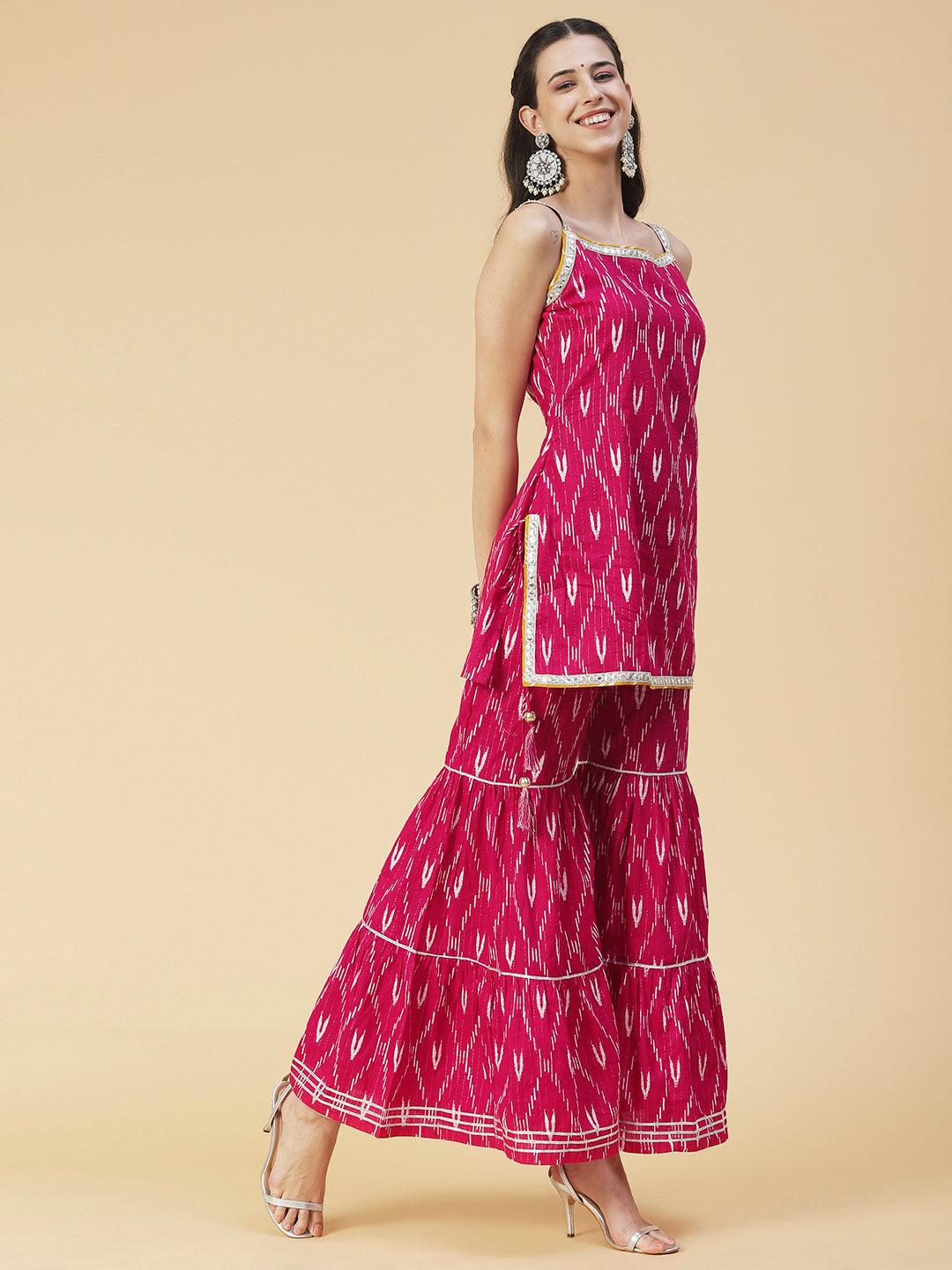 Ethnic Ikat Printed & Embroidered Straight Fit Kurta with Sharara & Dupatta - Pink - Indiakreations