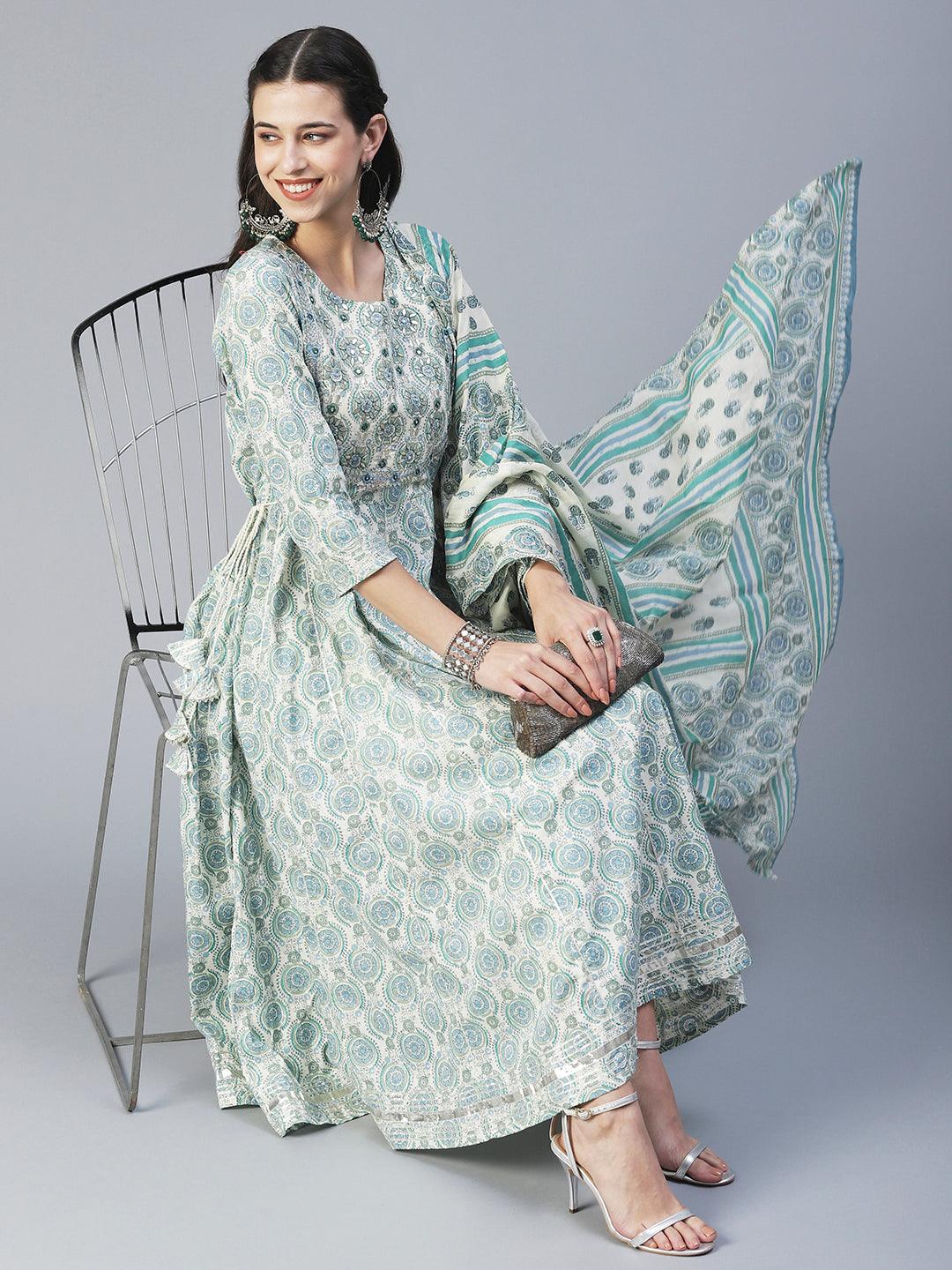 Ethnic Printed & Embroidered Anarkali Kurta with Pant & Dupatta - Green - Indiakreations