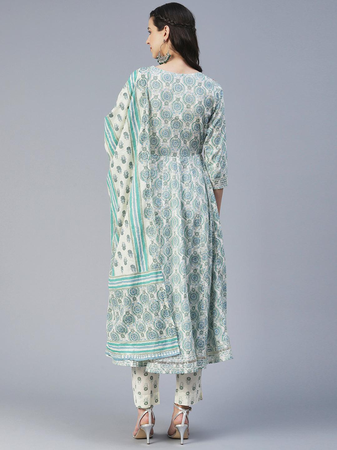 Ethnic Printed & Embroidered Anarkali Kurta with Pant & Dupatta - Green - Indiakreations