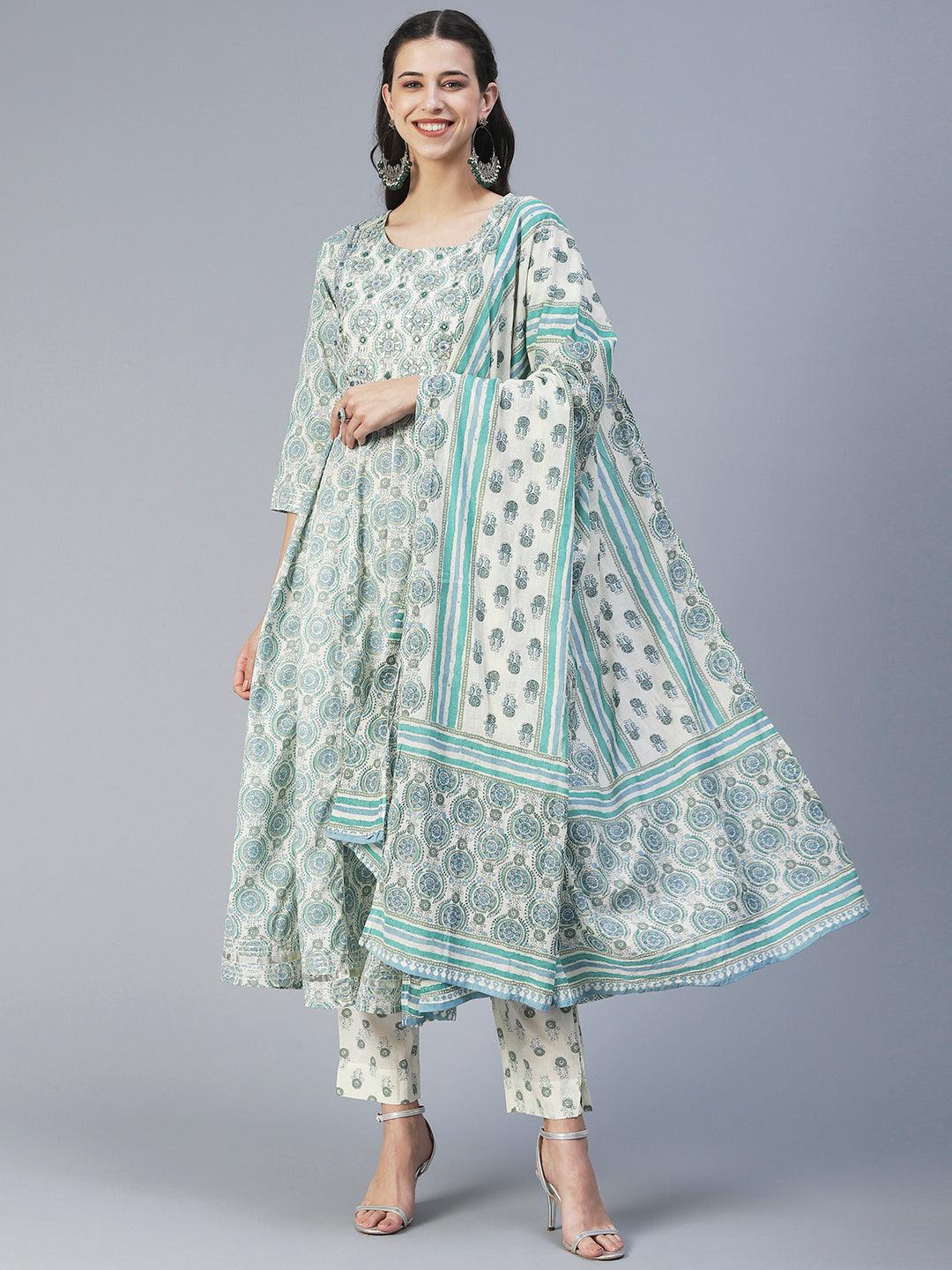 Ethnic Printed & Embroidered Anarkali Kurta with Pant & Dupatta - Green - Indiakreations