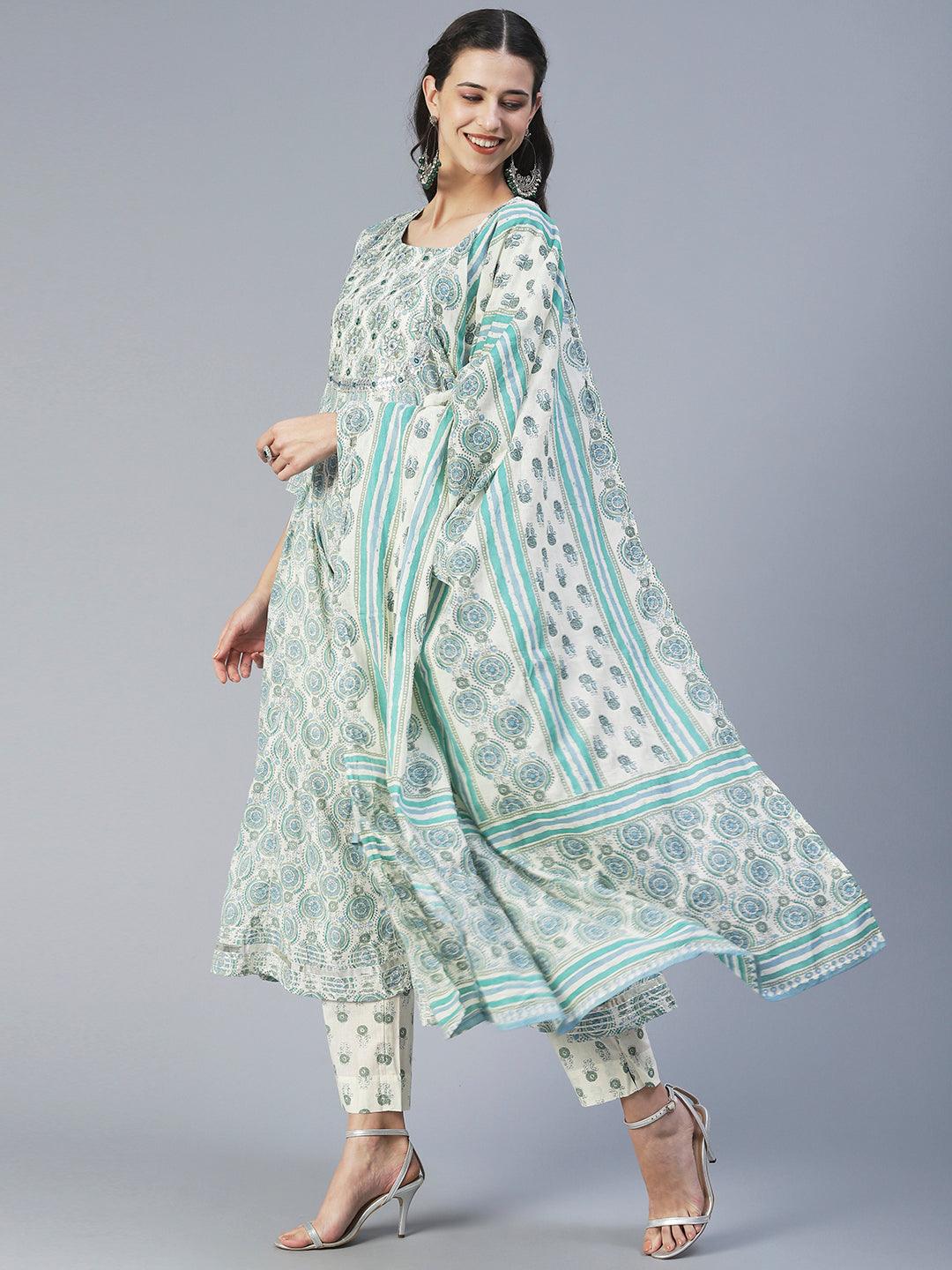 Ethnic Printed & Embroidered Anarkali Kurta with Pant & Dupatta - Green - Indiakreations