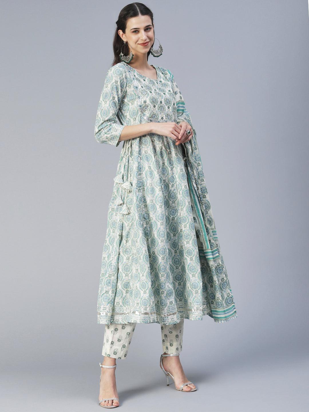 Ethnic Printed & Embroidered Anarkali Kurta with Pant & Dupatta - Green - Indiakreations