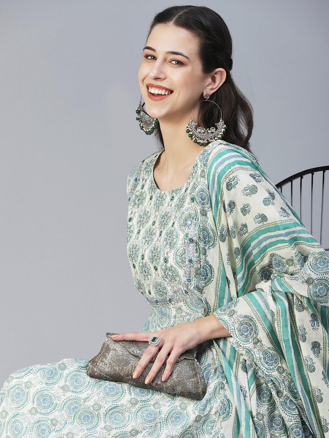 Ethnic Printed & Embroidered Anarkali Kurta with Pant & Dupatta - Green - Indiakreations