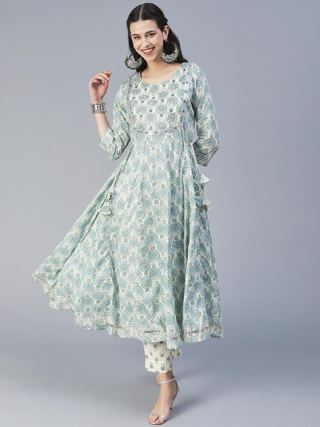 Ethnic Printed & Embroidered Anarkali Kurta with Pant & Dupatta - Green - Indiakreations