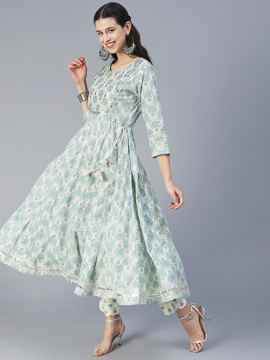 Ethnic Printed & Embroidered Anarkali Kurta with Pant & Dupatta - Green - Indiakreations