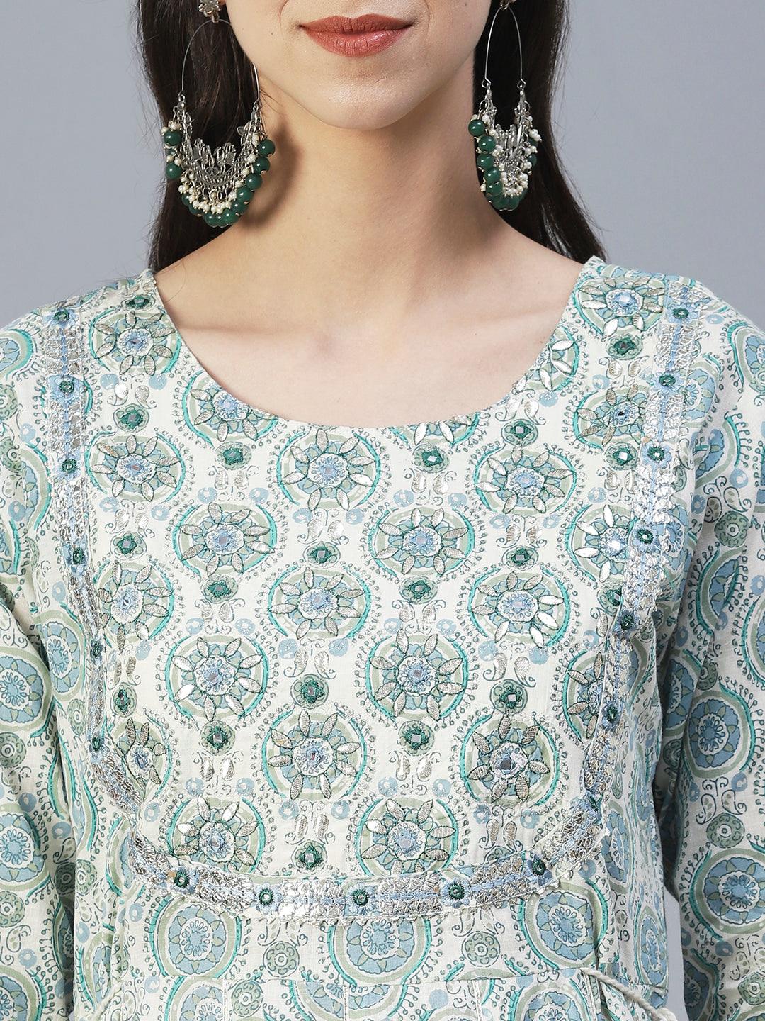 Ethnic Printed & Embroidered Anarkali Kurta with Pant & Dupatta - Green - Indiakreations