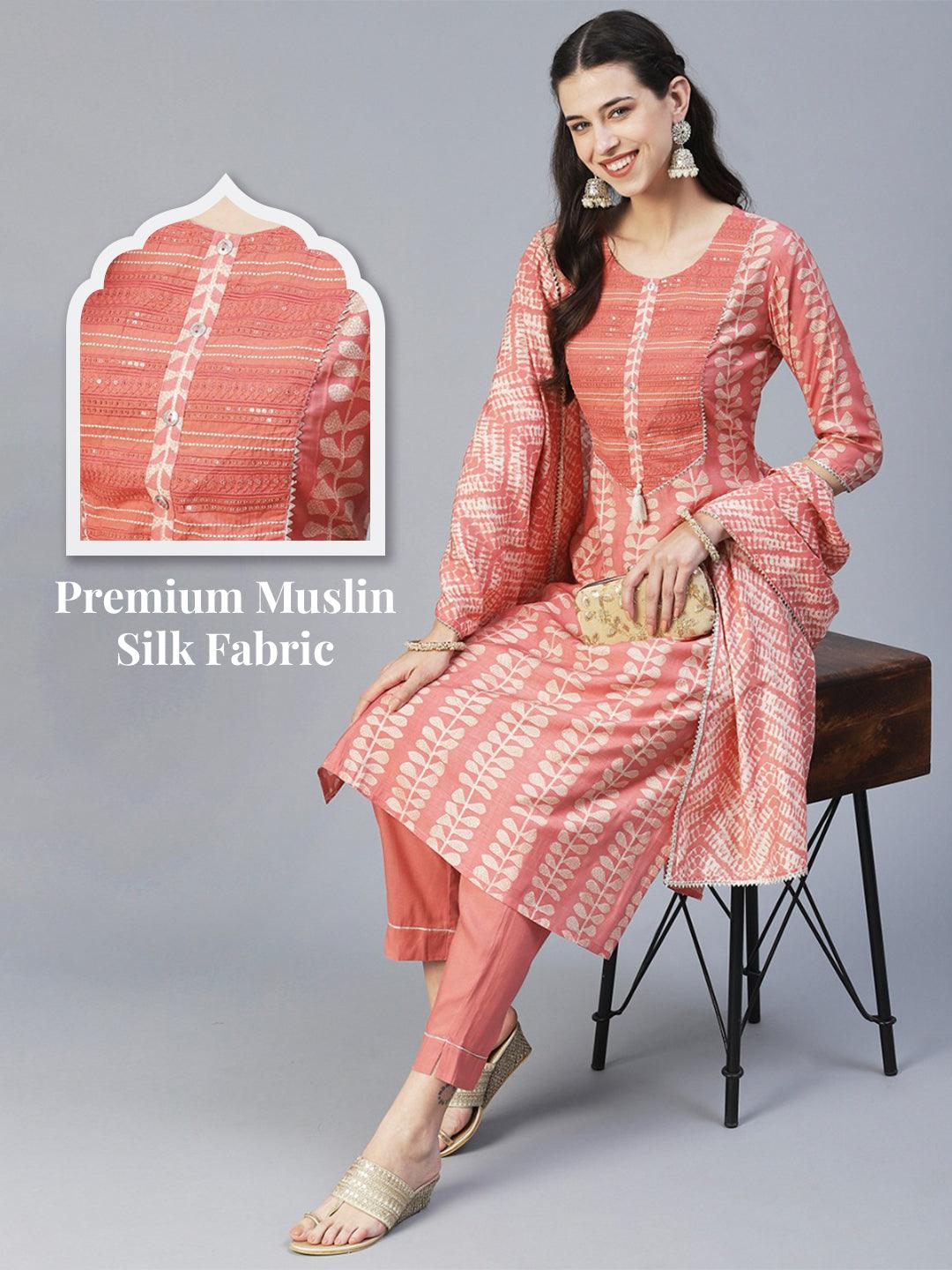 Ethnic Printed & Embroidered Straight Kurta with Pant & Dupatta - Peach - Indiakreations