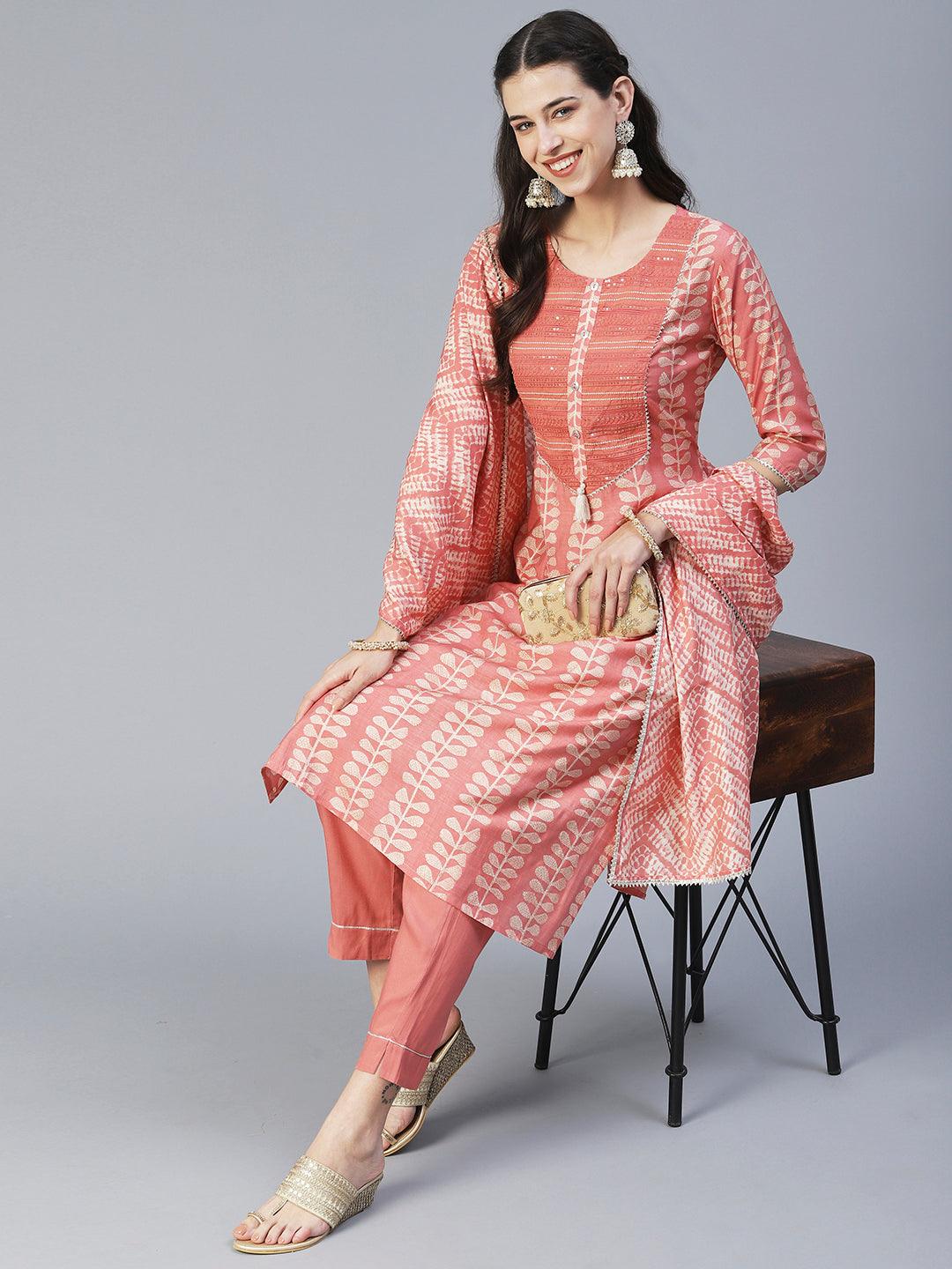 Ethnic Printed & Embroidered Straight Kurta with Pant & Dupatta - Peach - Indiakreations