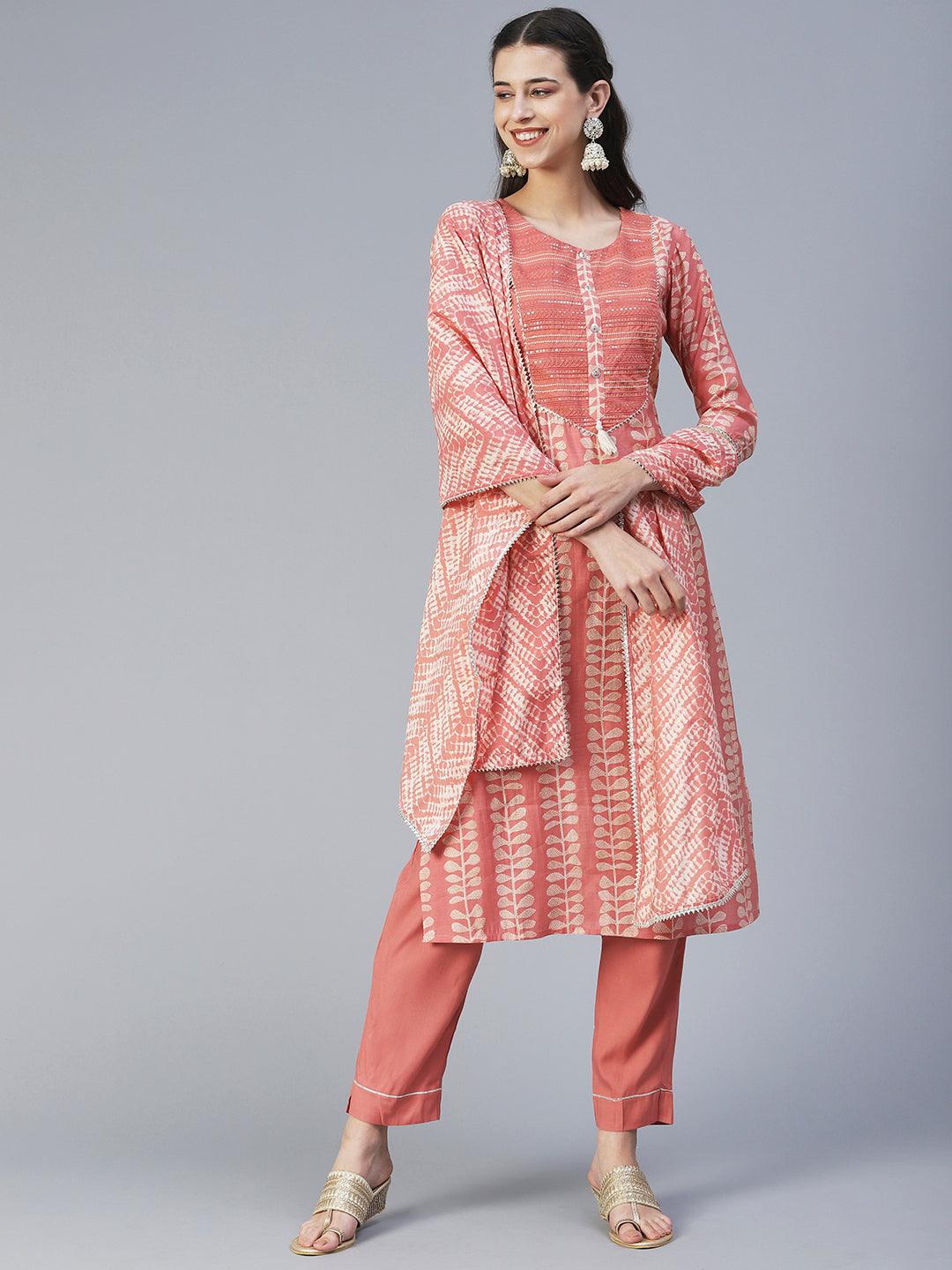 Ethnic Printed & Embroidered Straight Kurta with Pant & Dupatta - Peach - Indiakreations