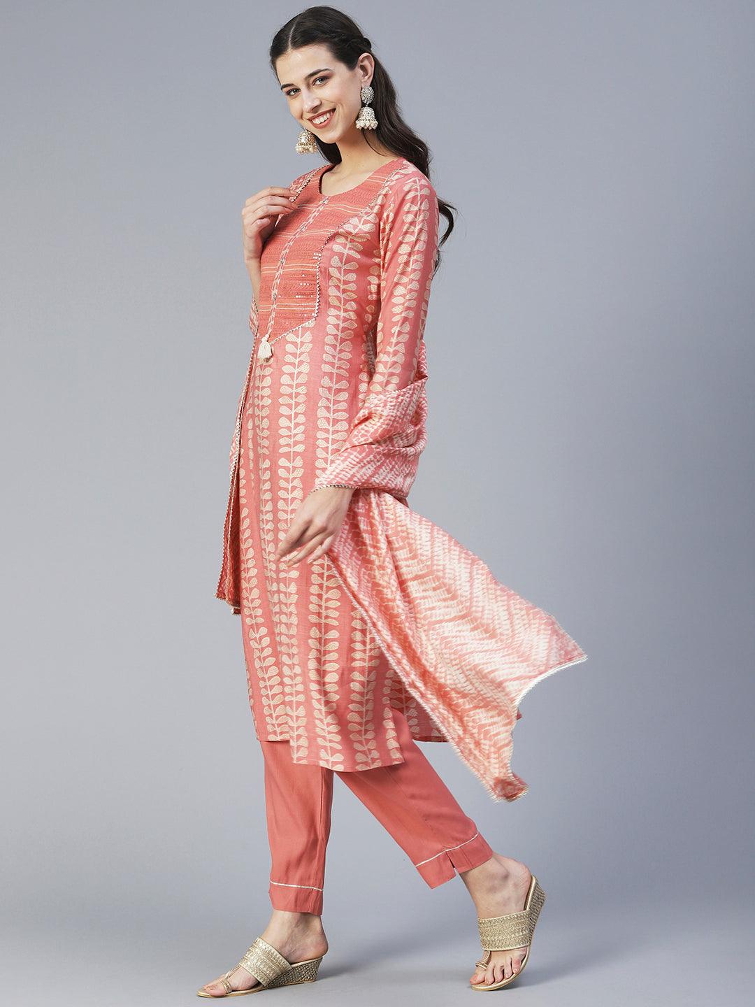 Ethnic Printed & Embroidered Straight Kurta with Pant & Dupatta - Peach - Indiakreations