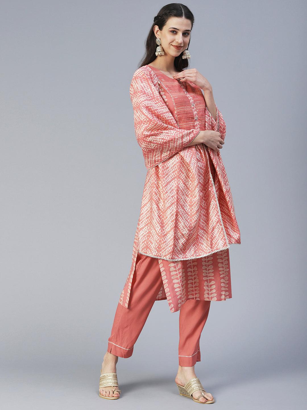 Ethnic Printed & Embroidered Straight Kurta with Pant & Dupatta - Peach - Indiakreations