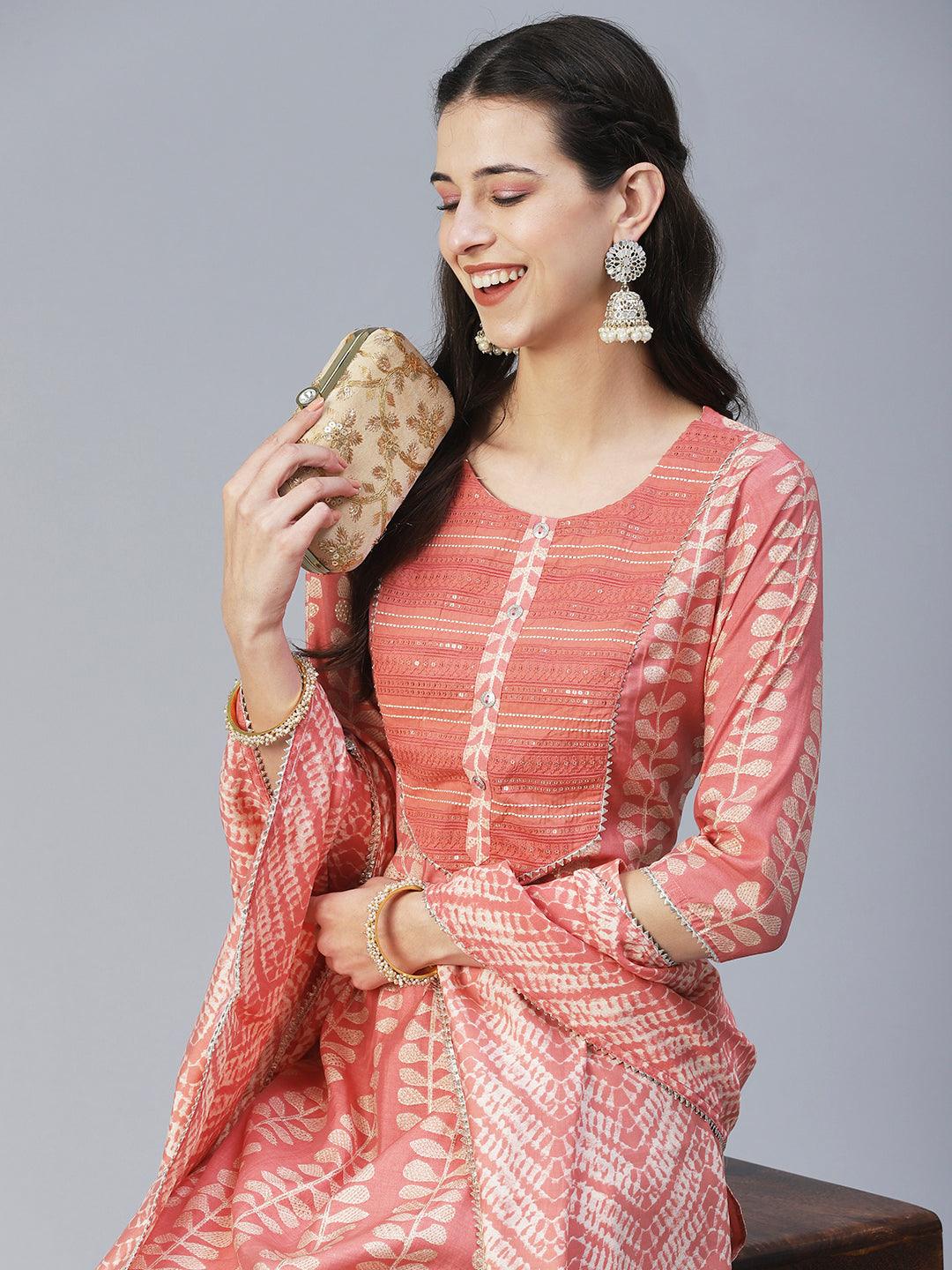 Ethnic Printed & Embroidered Straight Kurta with Pant & Dupatta - Peach - Indiakreations