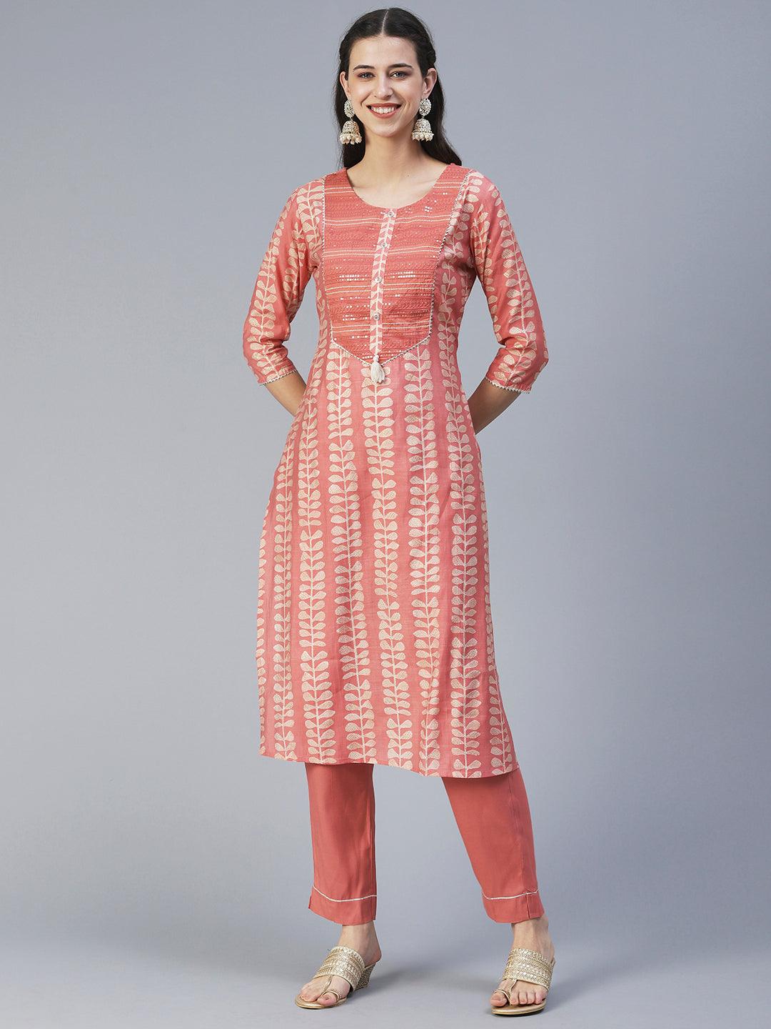 Ethnic Printed & Embroidered Straight Kurta with Pant & Dupatta - Peach - Indiakreations