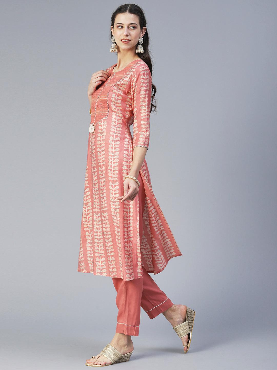 Ethnic Printed & Embroidered Straight Kurta with Pant & Dupatta - Peach - Indiakreations