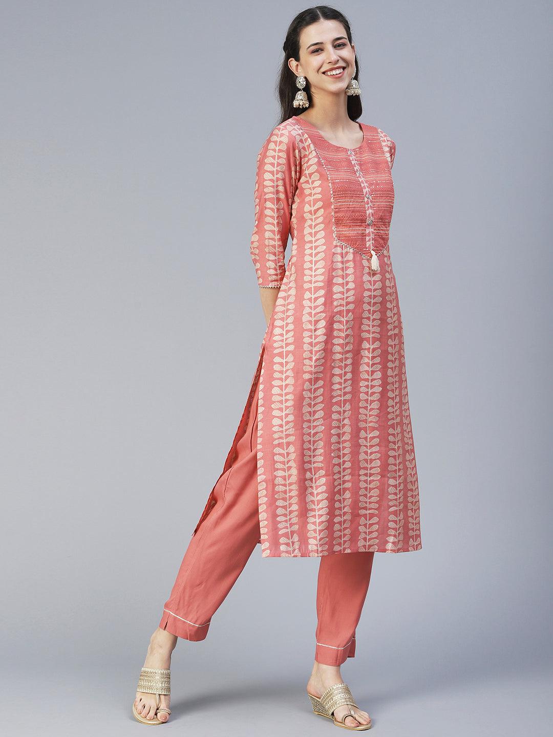 Ethnic Printed & Embroidered Straight Kurta with Pant & Dupatta - Peach - Indiakreations