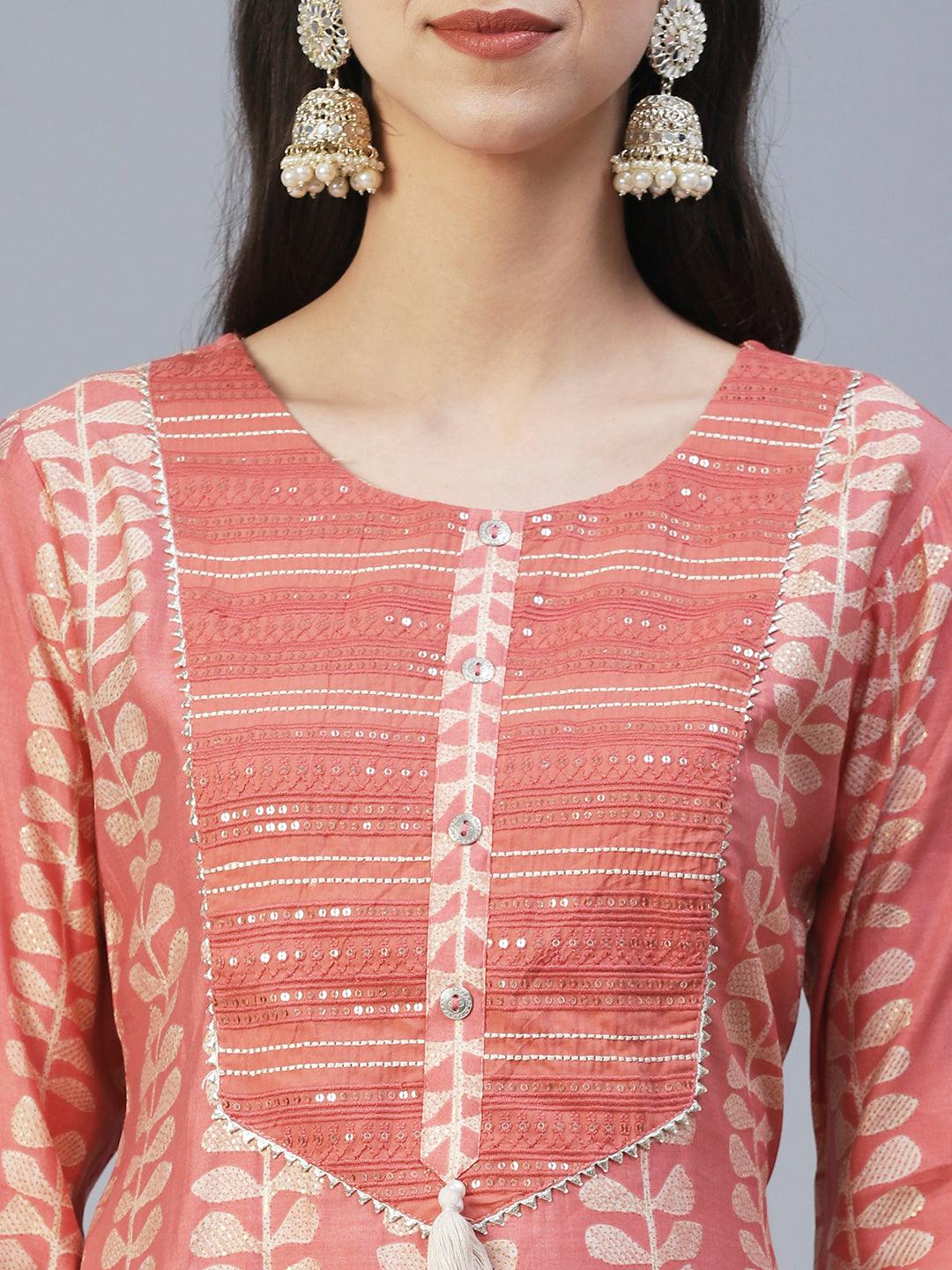 Ethnic Printed & Embroidered Straight Kurta with Pant & Dupatta - Peach - Indiakreations