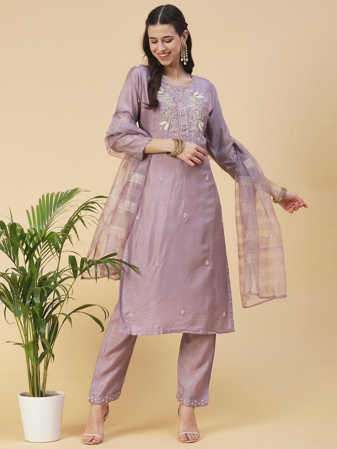 Floral Hand Embroidered Straight Kurta with Pant & Dupatta - Lilac Purple - Indiakreations