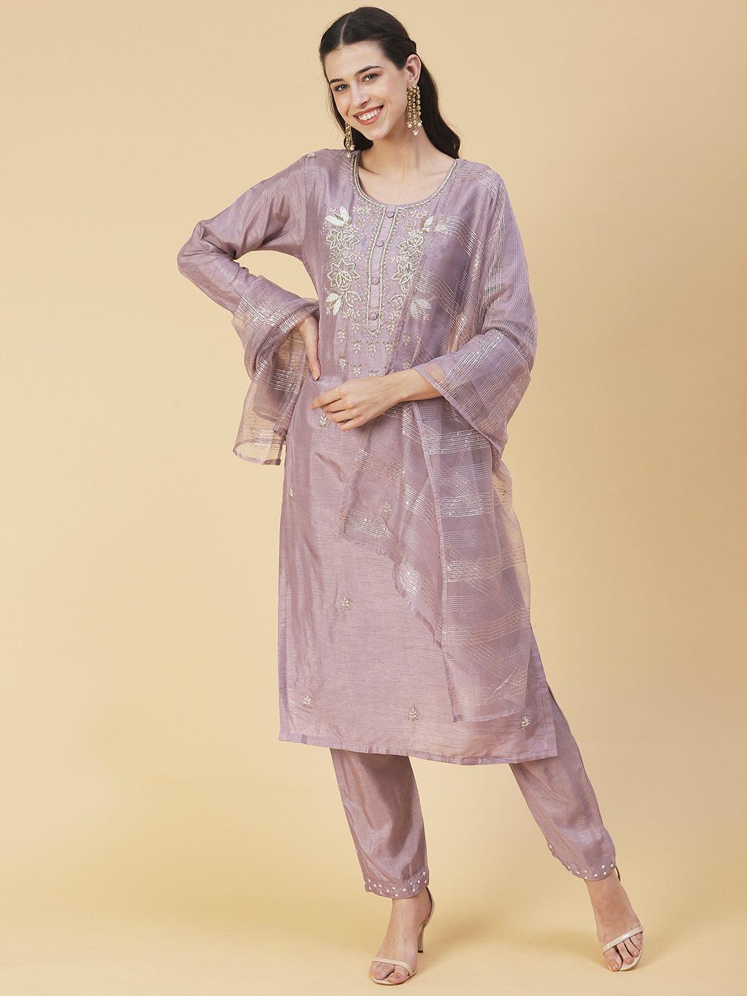 Floral Hand Embroidered Straight Kurta with Pant & Dupatta - Lilac Purple - Indiakreations