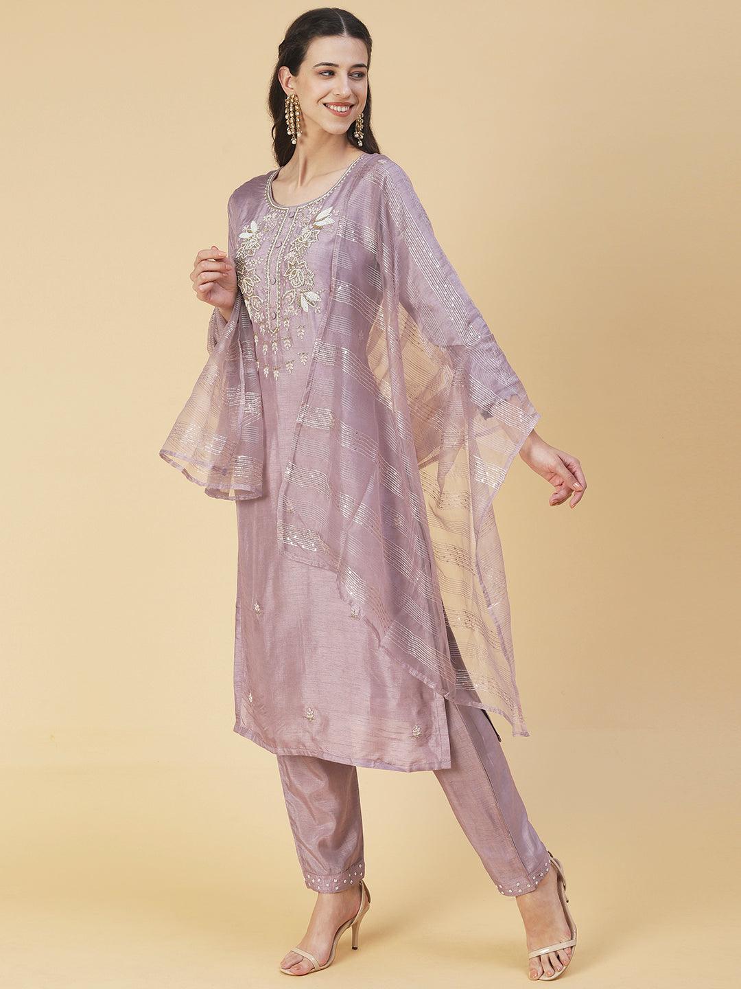 Floral Hand Embroidered Straight Kurta with Pant & Dupatta - Lilac Purple - Indiakreations