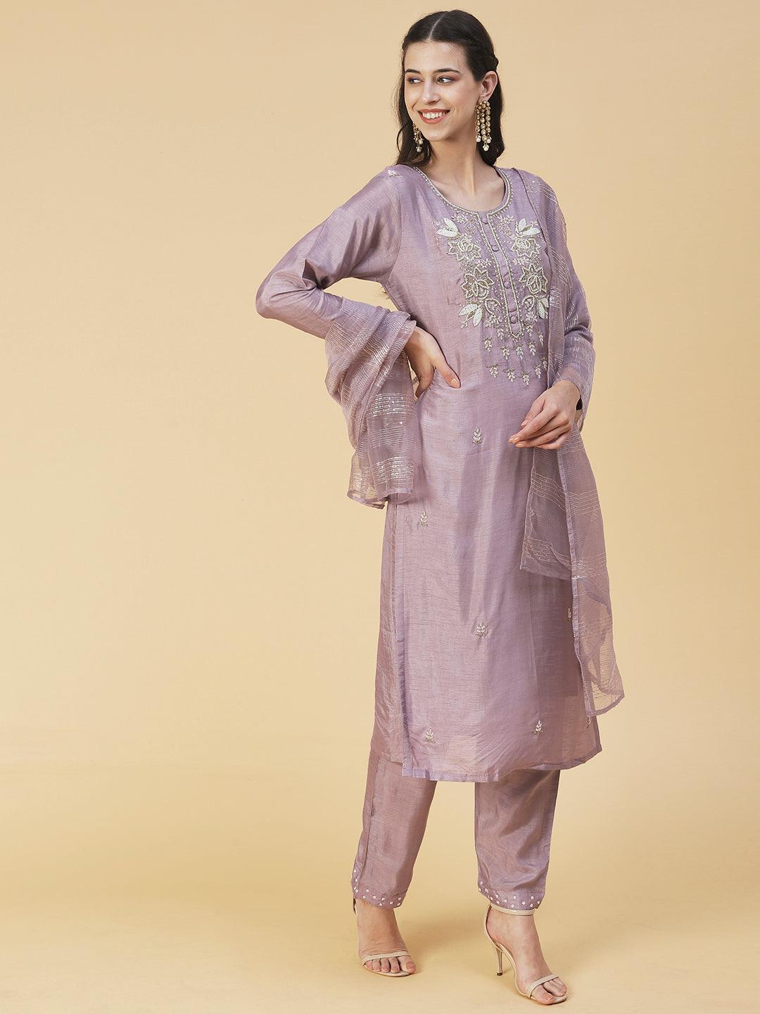 Floral Hand Embroidered Straight Kurta with Pant & Dupatta - Lilac Purple - Indiakreations