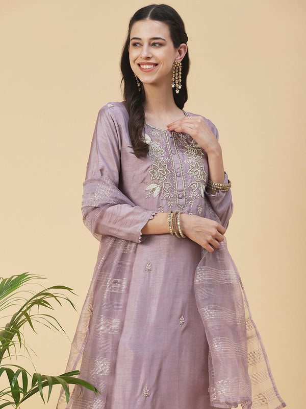 Floral Hand Embroidered Straight Kurta with Pant & Dupatta - Lilac Purple - Indiakreations