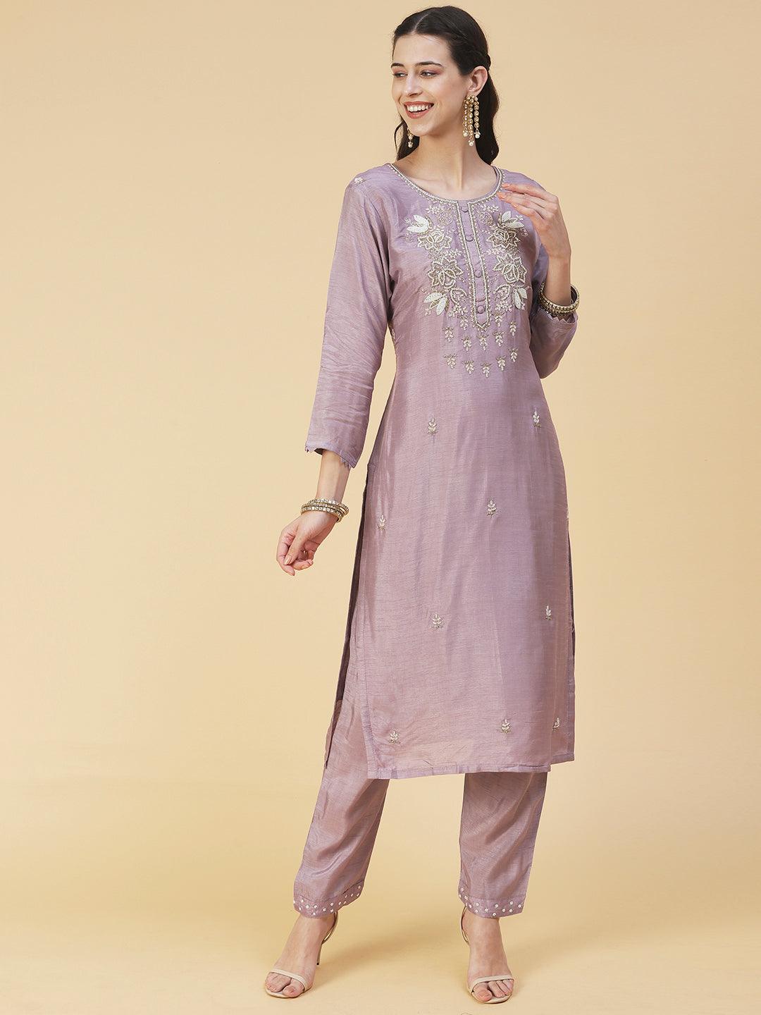 Floral Hand Embroidered Straight Kurta with Pant & Dupatta - Lilac Purple - Indiakreations