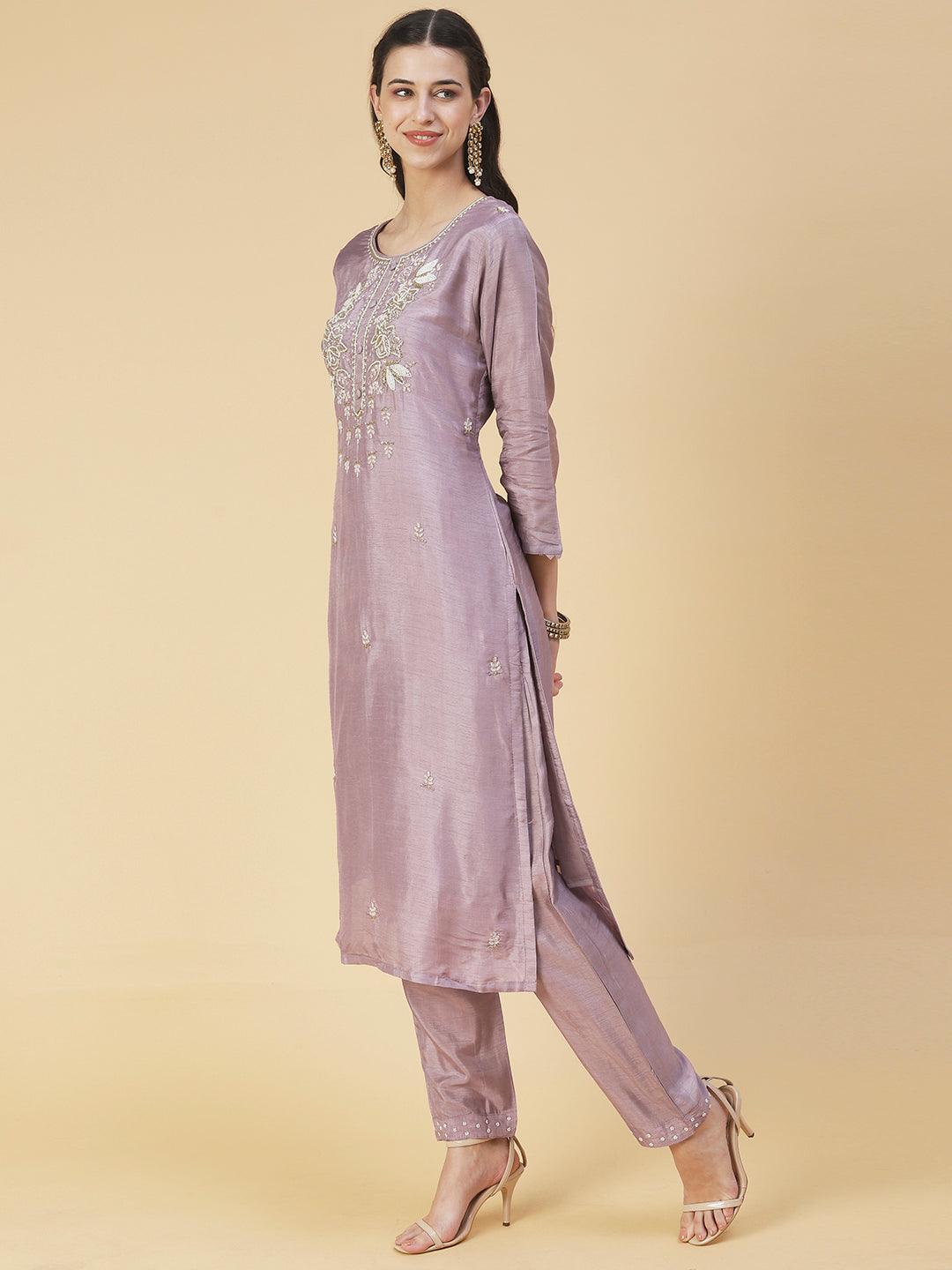 Floral Hand Embroidered Straight Kurta with Pant & Dupatta - Lilac Purple - Indiakreations