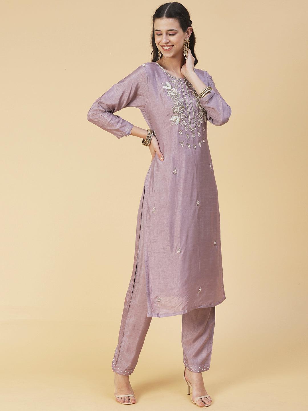 Floral Hand Embroidered Straight Kurta with Pant & Dupatta - Lilac Purple - Indiakreations