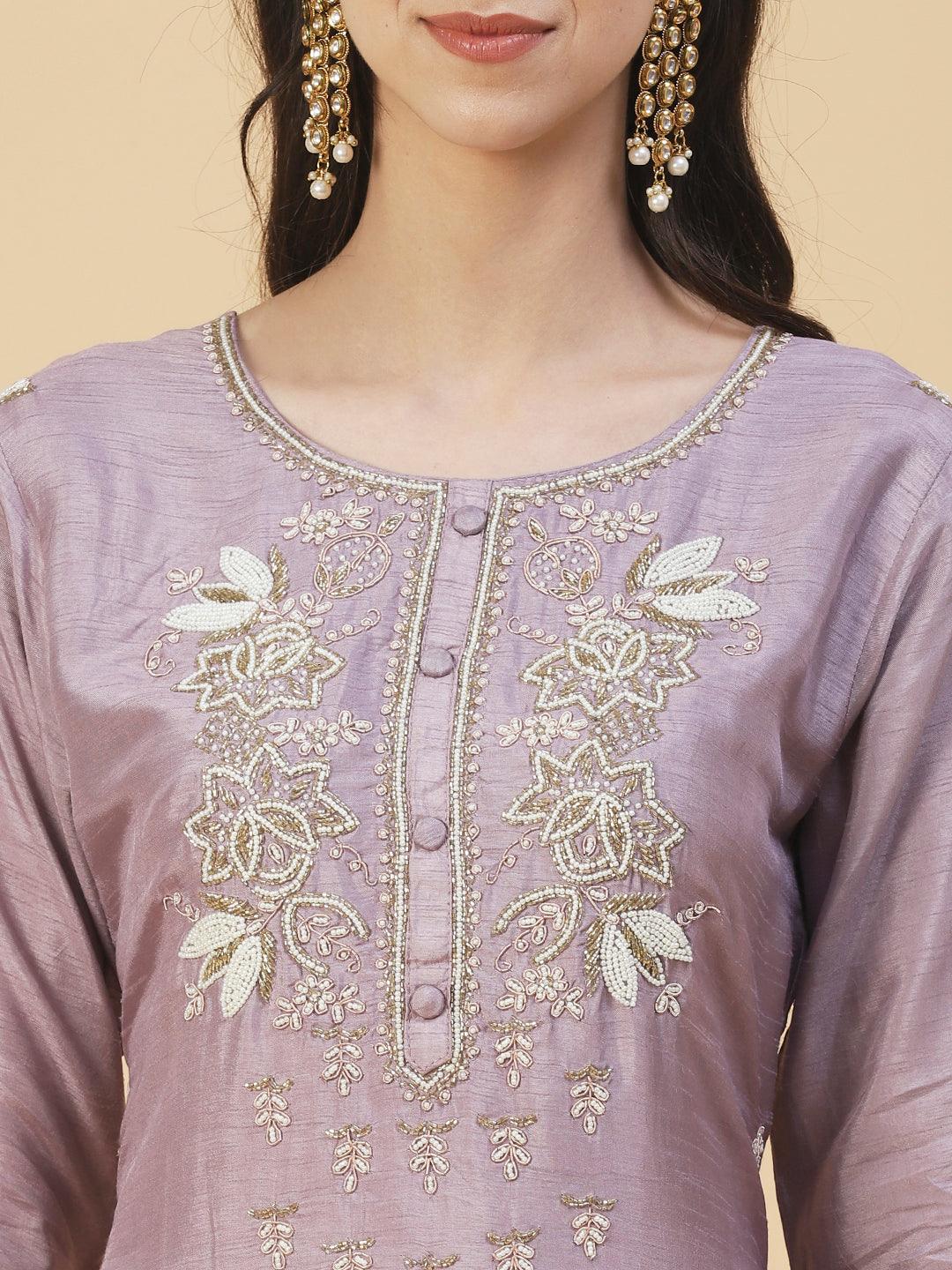 Floral Hand Embroidered Straight Kurta with Pant & Dupatta - Lilac Purple - Indiakreations