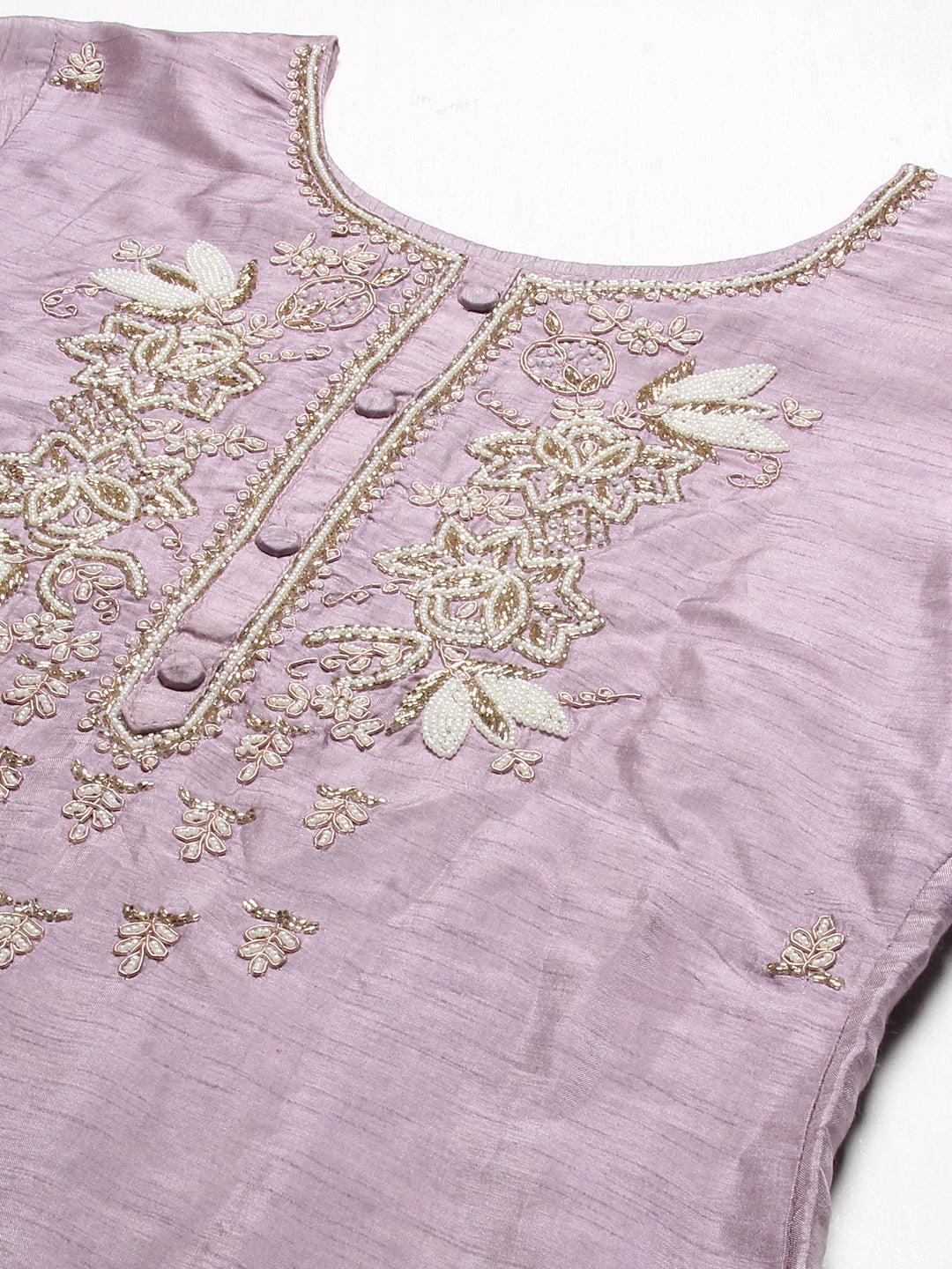 Floral Hand Embroidered Straight Kurta with Pant & Dupatta - Lilac Purple - Indiakreations