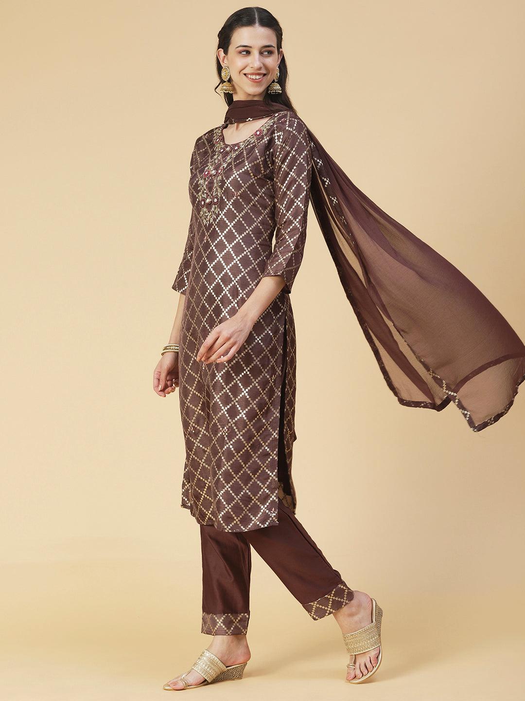 Floral Hand Embroidered Straight Kurta with Pant & Dupatta - Mauve - Indiakreations