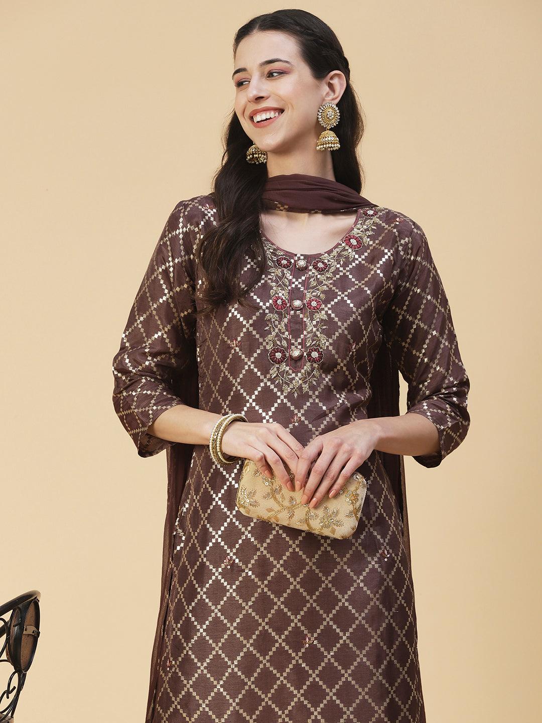 Floral Hand Embroidered Straight Kurta with Pant & Dupatta - Mauve - Indiakreations