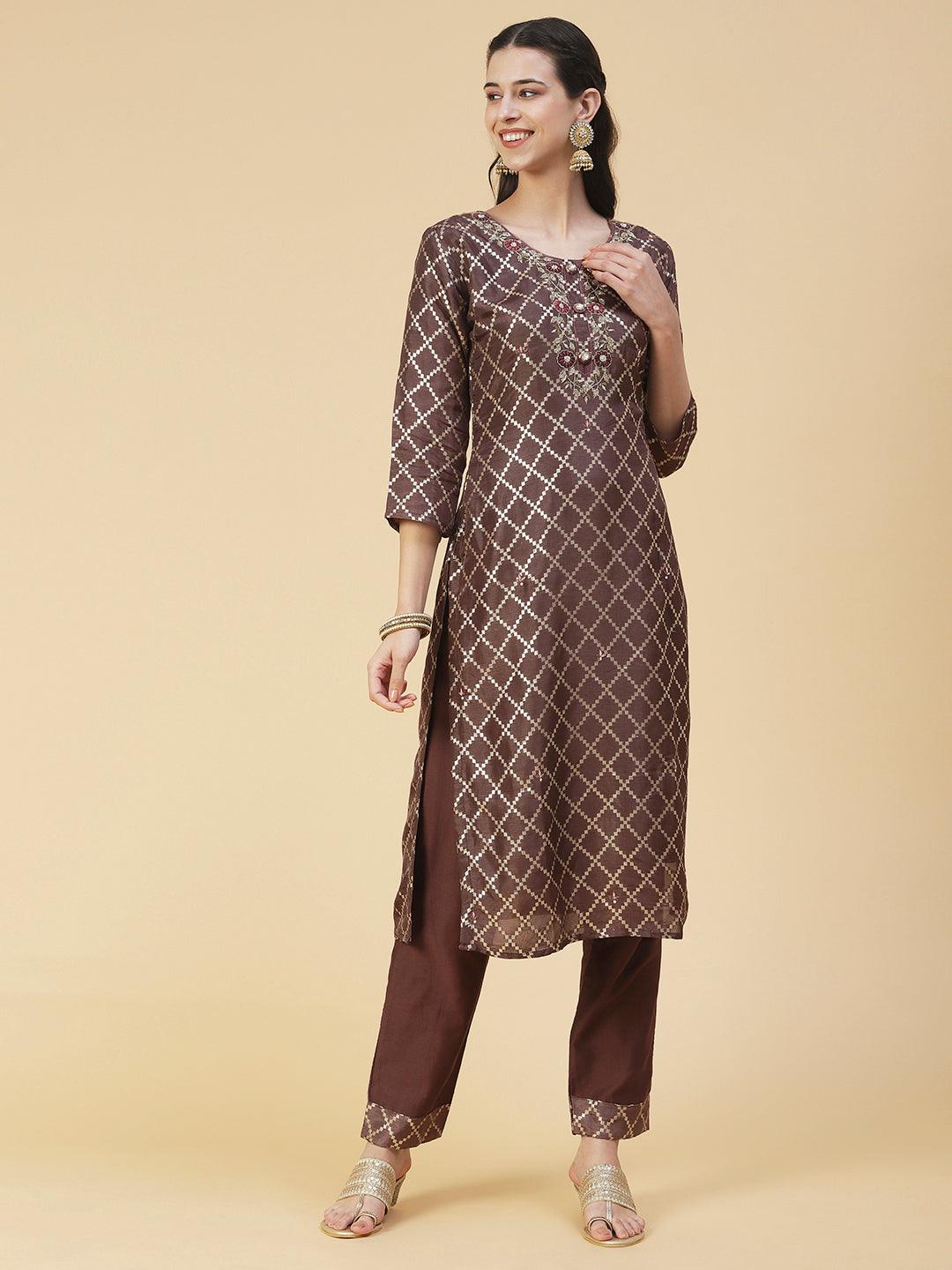 Floral Hand Embroidered Straight Kurta with Pant & Dupatta - Mauve - Indiakreations